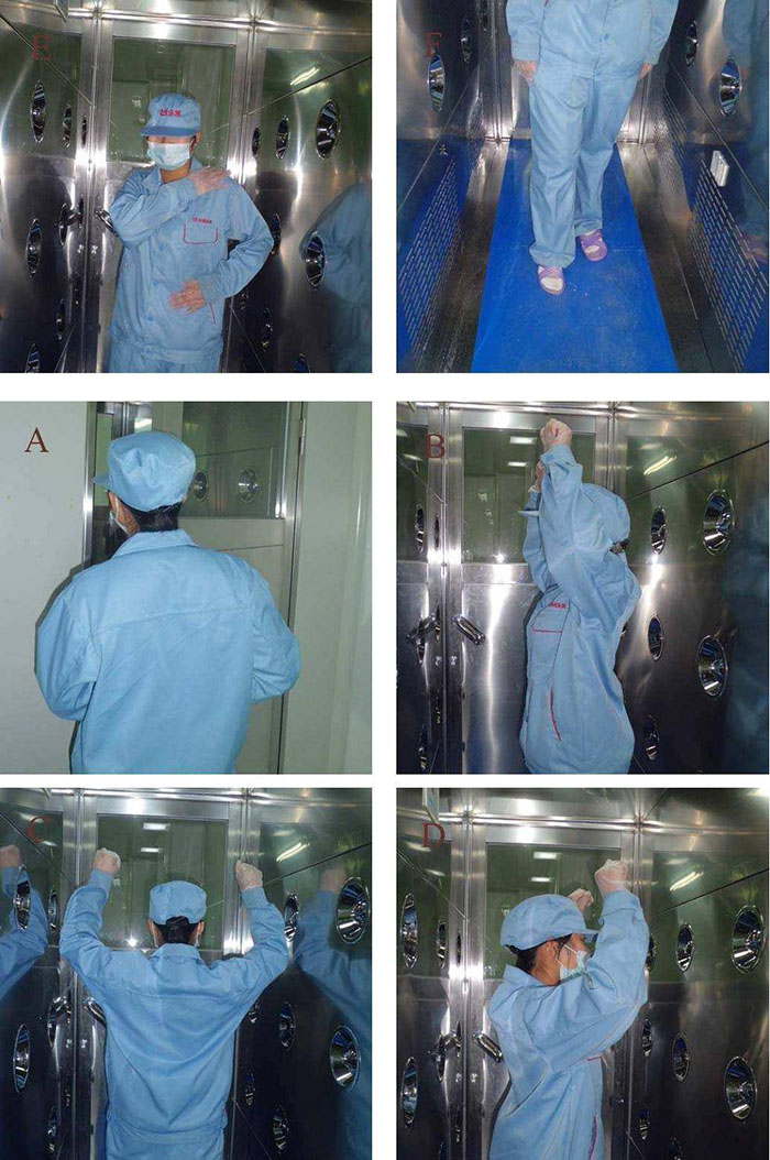 進入風淋室風淋結束后，風淋結束后應及時脫下防護服和鞋帽，并按照規(guī)定進行廢棄或清洗。